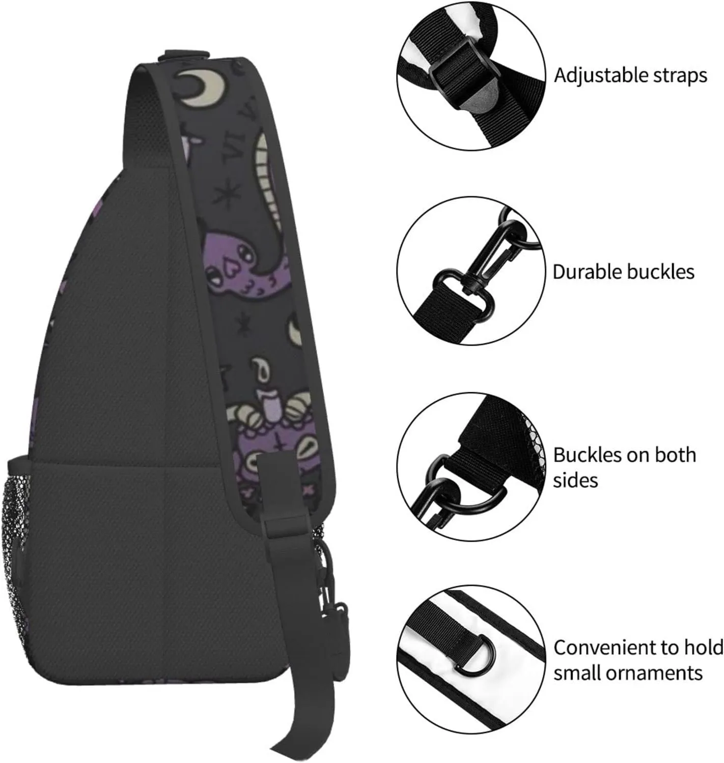 WURTON Purple Black Goth Spooky Print Crossbody Backpack Shoulder Bag Cross Chest Bag For Travel, Hiking Gym Tactical Use, MC700