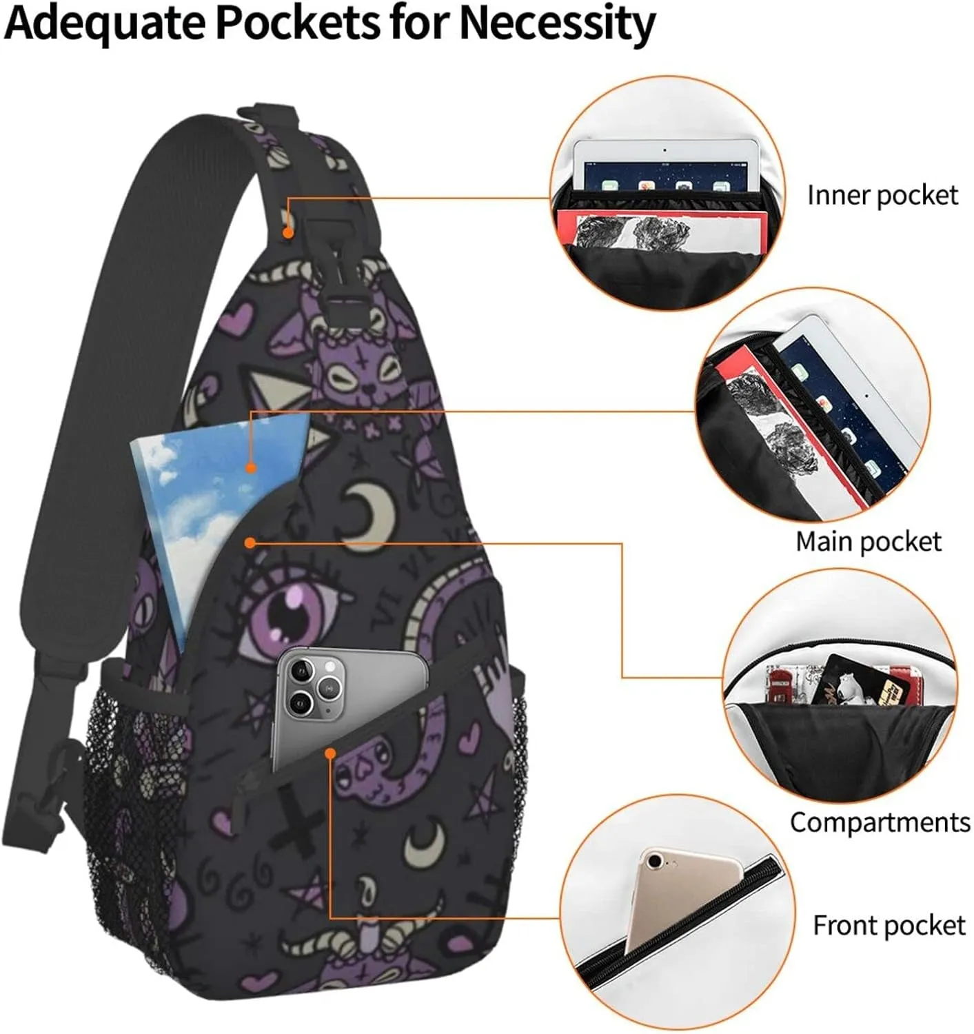 WURTON Purple Black Goth Spooky Print Crossbody Backpack Shoulder Bag Cross Chest Bag For Travel, Hiking Gym Tactical Use, MC700