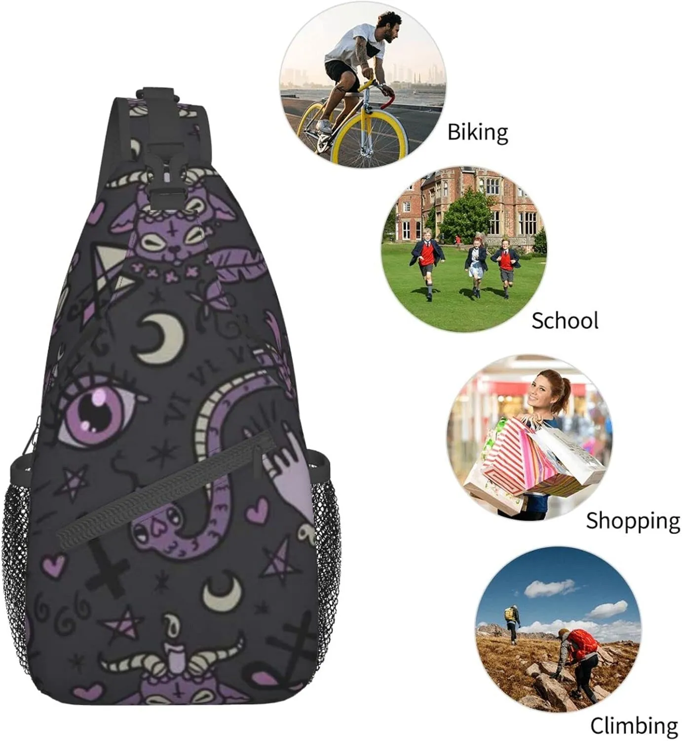 WURTON Purple Black Goth Spooky Print Crossbody Backpack Shoulder Bag Cross Chest Bag For Travel, Hiking Gym Tactical Use, MC700
