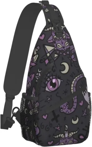 WURTON Purple Black Goth Spooky Print Crossbody Backpack Shoulder Bag Cross Chest Bag For Travel, Hiking Gym Tactical Use, MC700