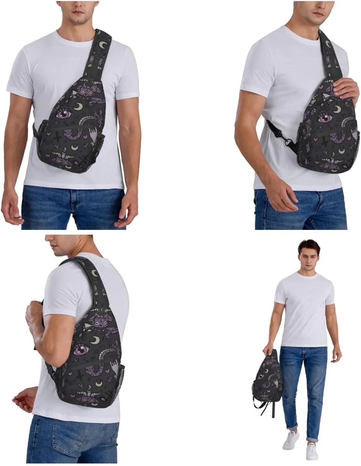 WURTON Purple Black Goth Spooky Print Crossbody Backpack Shoulder Bag Cross Chest Bag For Travel, Hiking Gym Tactical Use, MC700
