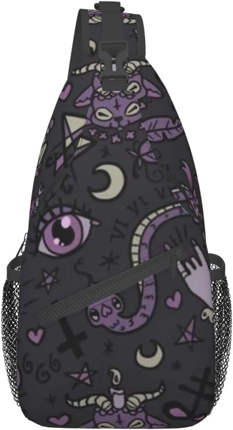 WURTON Purple Black Goth Spooky Print Crossbody Backpack Shoulder Bag Cross Chest Bag For Travel, Hiking Gym Tactical Use, MC700