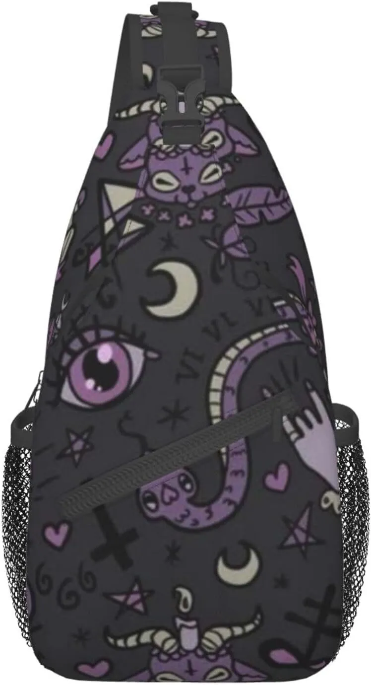 WURTON Purple Black Goth Spooky Print Crossbody Backpack Shoulder Bag Cross Chest Bag For Travel, Hiking Gym Tactical Use, MC700