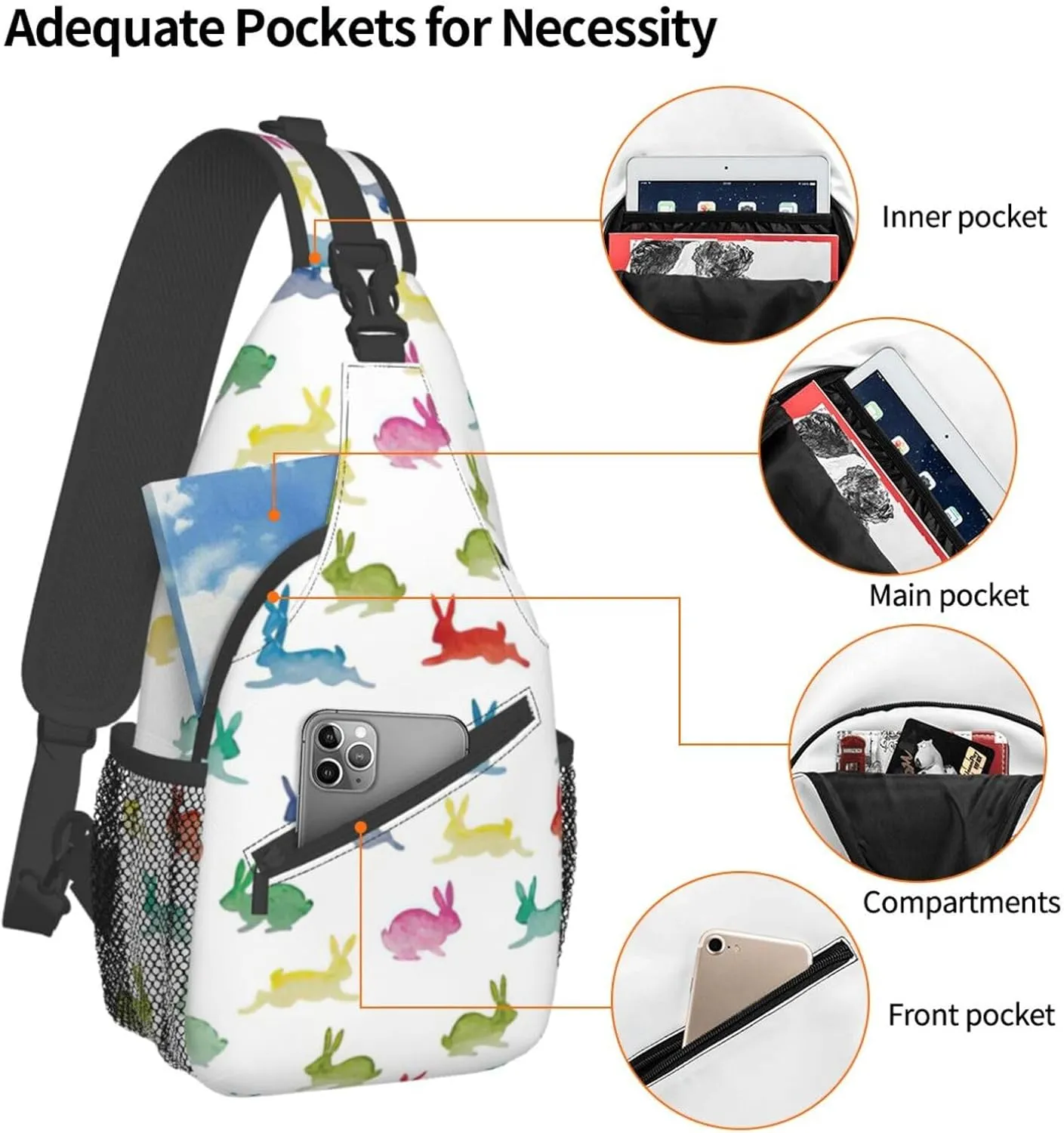 WURTON Rabbits In Different Poses Jumping Running Print Crossbody Sling Backpack Sling Bag Travel Hiking Chest Bag Daypack