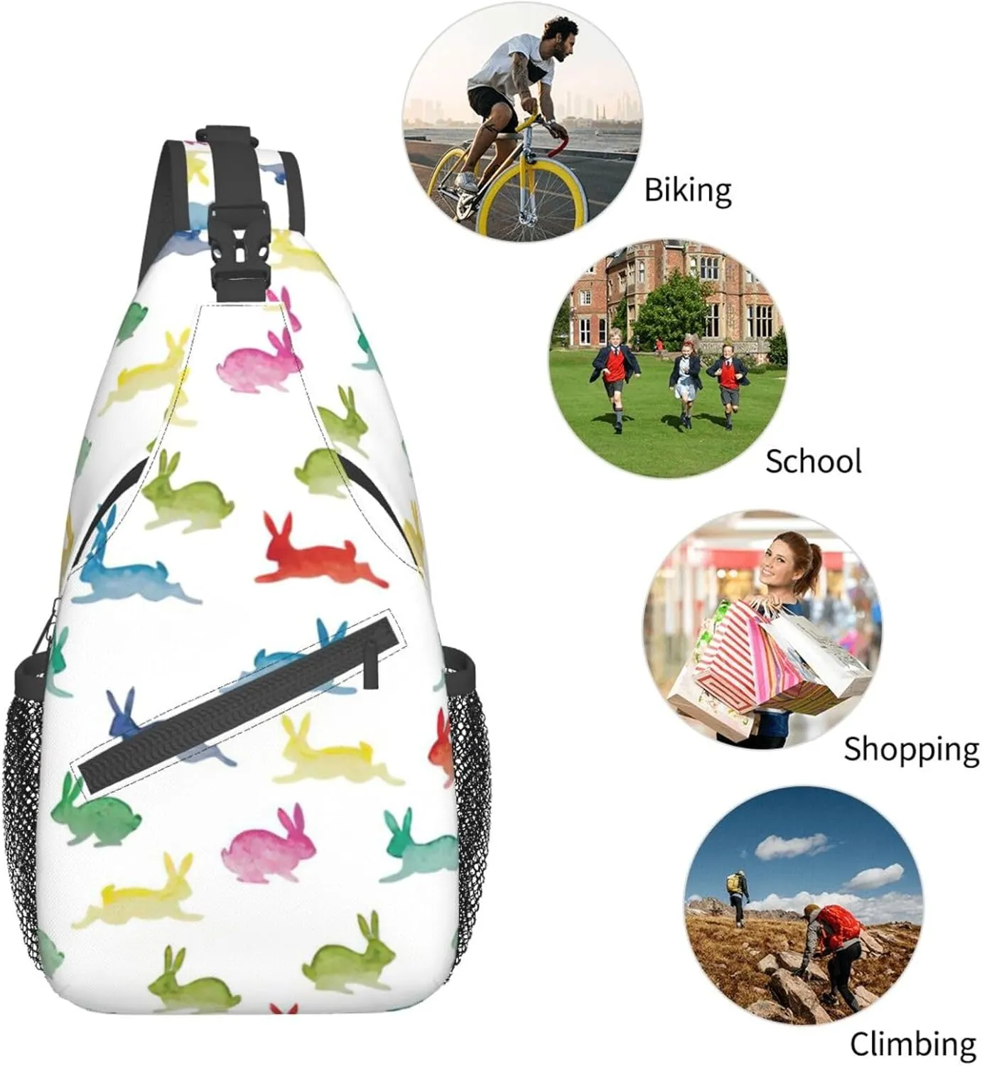 WURTON Rabbits In Different Poses Jumping Running Print Crossbody Sling Backpack Sling Bag Travel Hiking Chest Bag Daypack