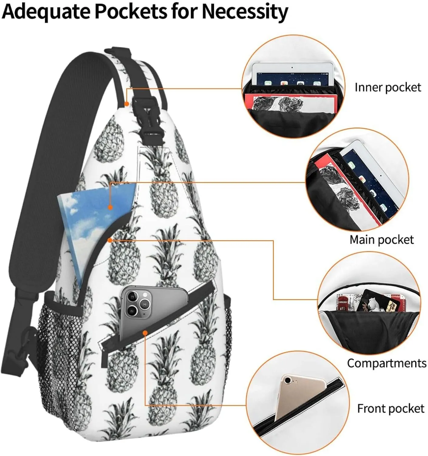 WURTON Tropical Theme Pineapple Fruit Pattern Print Crossbody Sling Backpack Sling Bag Travel Hiking Chest Bag Daypack