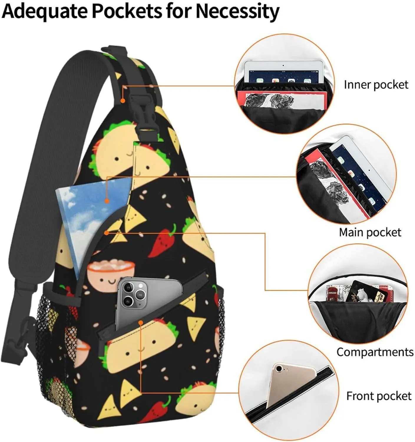 WURTON Tuesday Party Print Crossbody Sling Backpack Sling Bag Travel Hiking Chest Bag Daypack