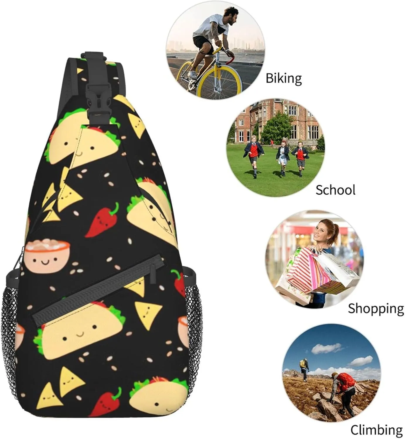 WURTON Tuesday Party Print Crossbody Sling Backpack Sling Bag Travel Hiking Chest Bag Daypack