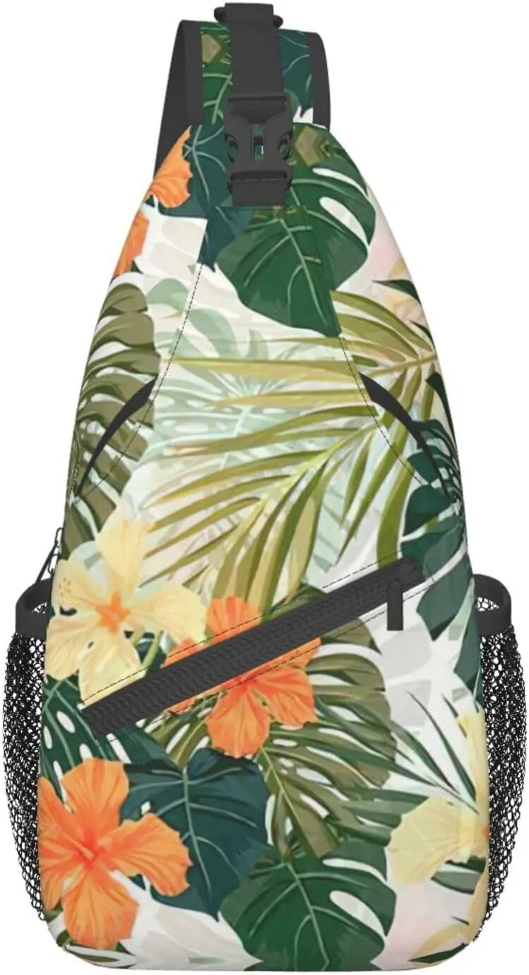 WURTON Vegetation Leaves With Hibiscus Flowers Print Crossbody Sling Backpack Sling Bag Travel Hiking Chest Bag Daypack