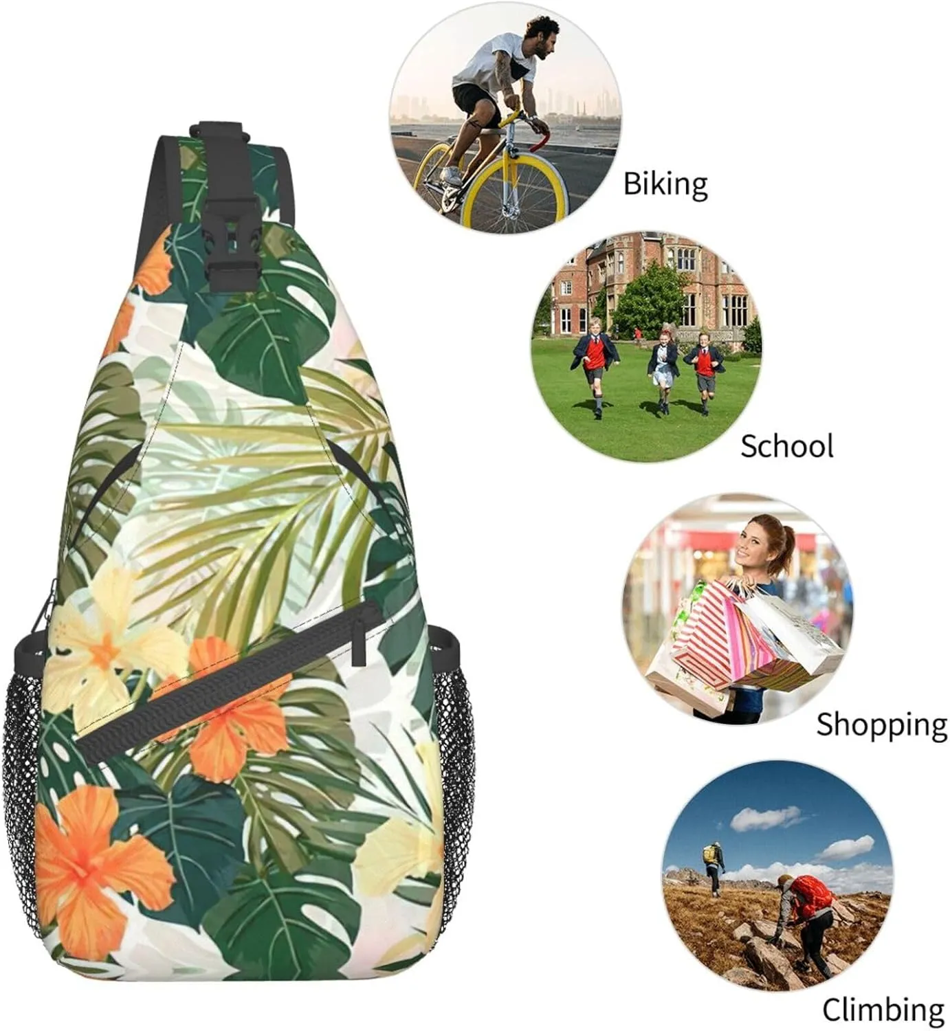 WURTON Vegetation Leaves With Hibiscus Flowers Print Crossbody Sling Backpack Sling Bag Travel Hiking Chest Bag Daypack