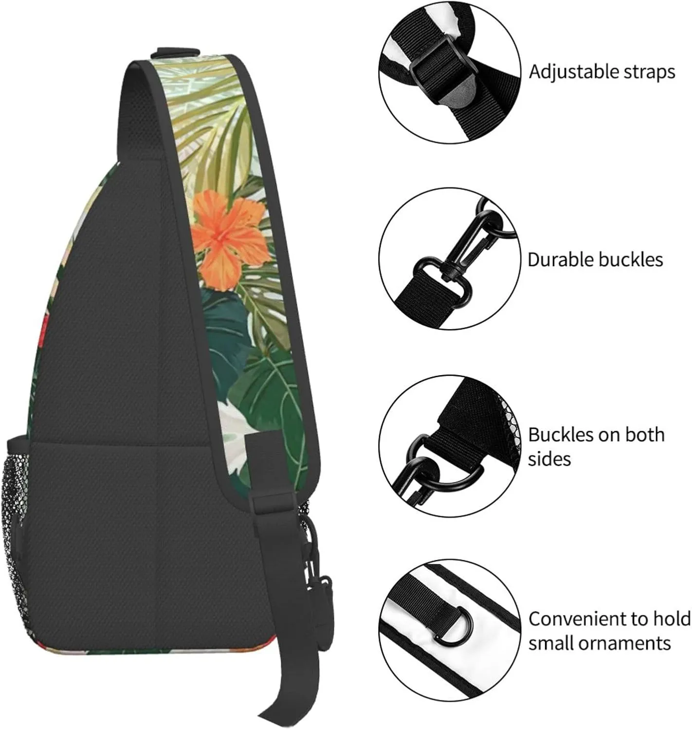 WURTON Vegetation Leaves With Hibiscus Flowers Print Crossbody Sling Backpack Sling Bag Travel Hiking Chest Bag Daypack