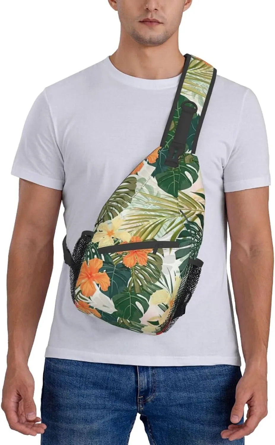 WURTON Vegetation Leaves With Hibiscus Flowers Print Crossbody Sling Backpack Sling Bag Travel Hiking Chest Bag Daypack