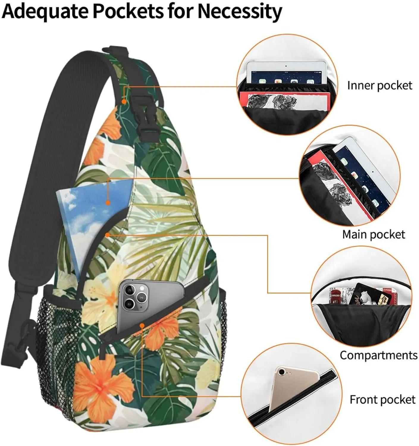 WURTON Vegetation Leaves With Hibiscus Flowers Print Crossbody Sling Backpack Sling Bag Travel Hiking Chest Bag Daypack