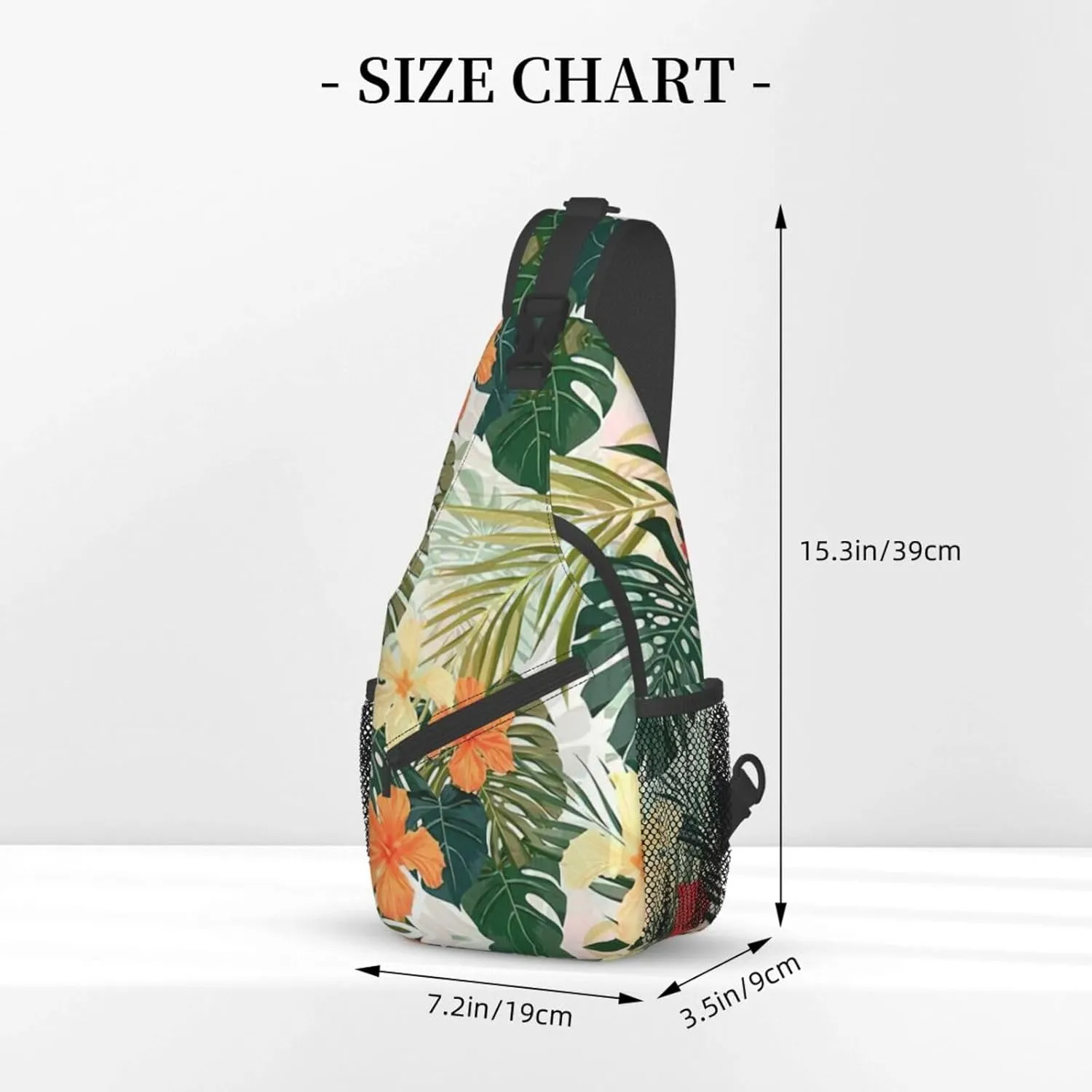 WURTON Vegetation Leaves With Hibiscus Flowers Print Crossbody Sling Backpack Sling Bag Travel Hiking Chest Bag Daypack
