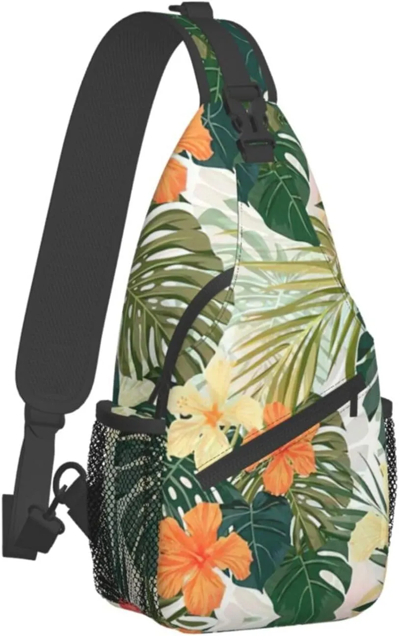 WURTON Vegetation Leaves With Hibiscus Flowers Print Crossbody Sling Backpack Sling Bag Travel Hiking Chest Bag Daypack