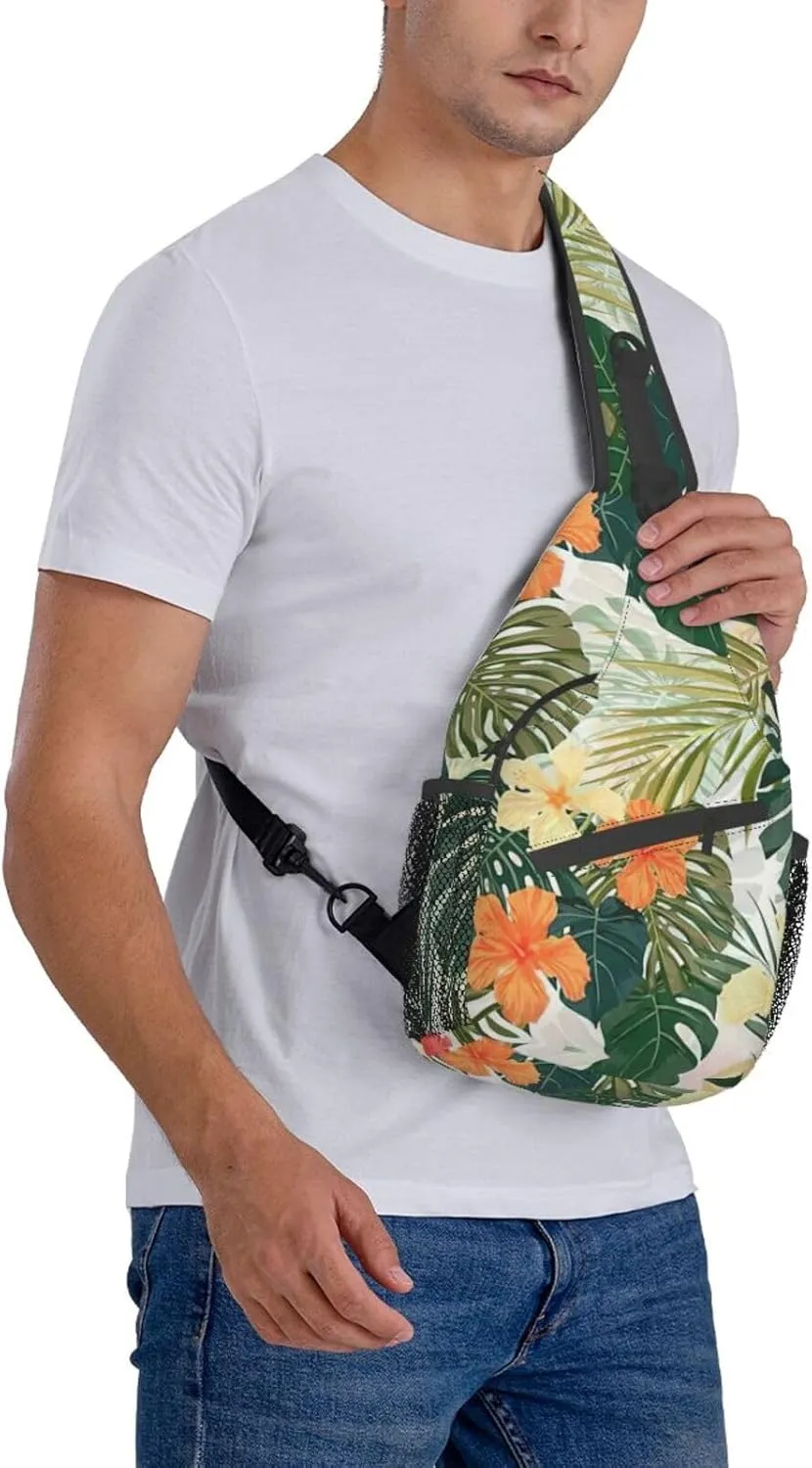 WURTON Vegetation Leaves With Hibiscus Flowers Print Crossbody Sling Backpack Sling Bag Travel Hiking Chest Bag Daypack