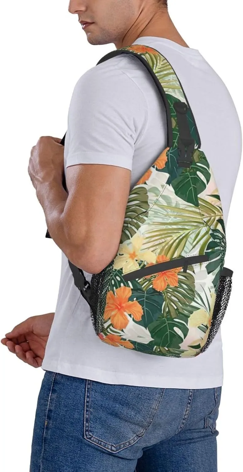 WURTON Vegetation Leaves With Hibiscus Flowers Print Crossbody Sling Backpack Sling Bag Travel Hiking Chest Bag Daypack