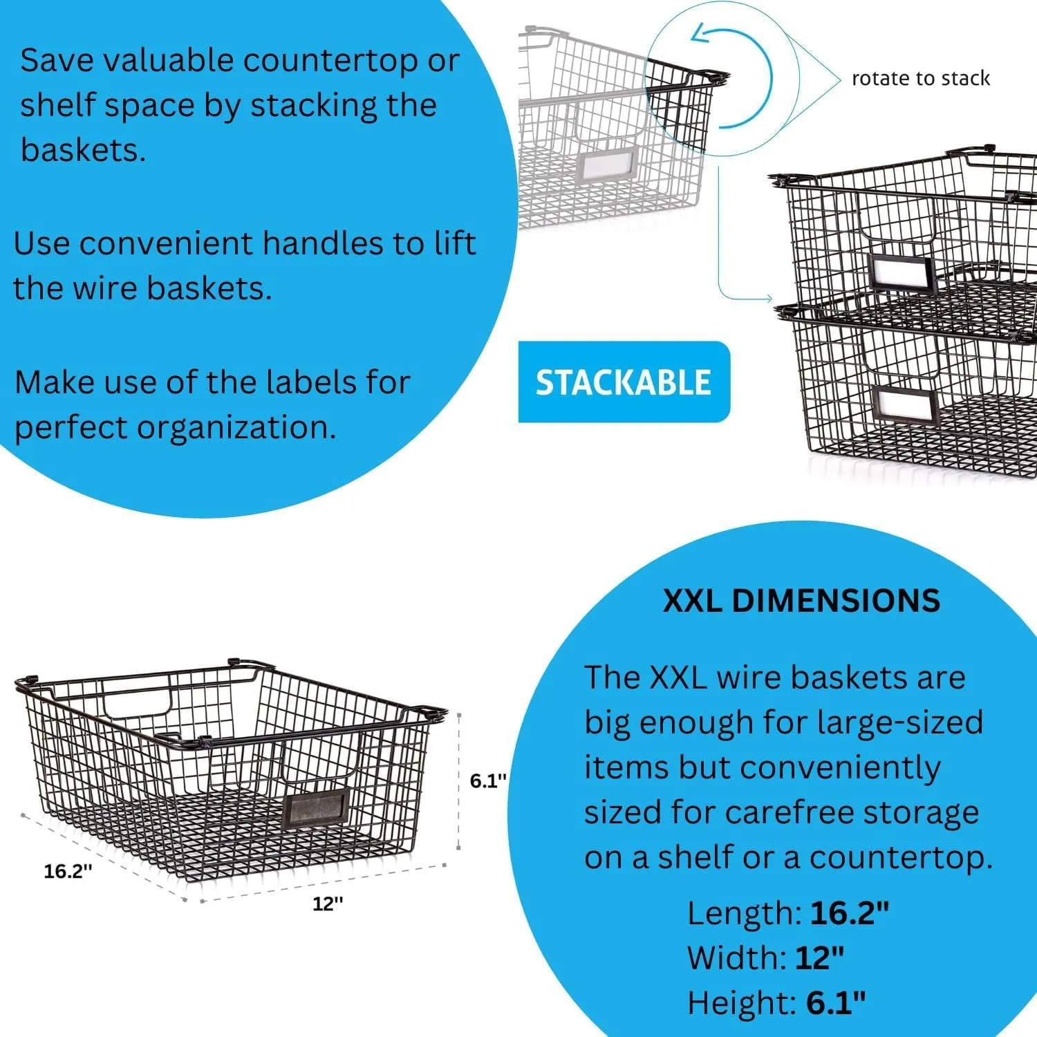 XXL Stackable Wire Baskets for Organizing — Set of 2 Snack & Chips Organizer for Pantry; Wire Storage Baskets with Handles; Extra Large Bronze Chip Storage for Pantry