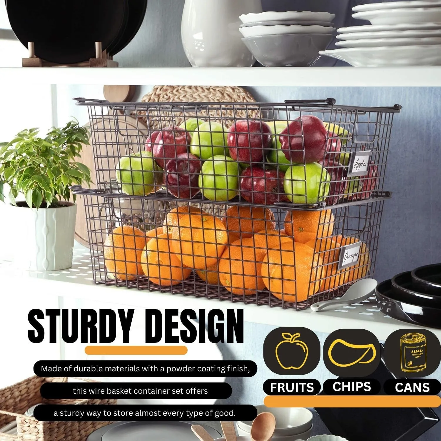 XXL Stackable Wire Baskets for Organizing — Set of 2 Snack & Chips Organizer for Pantry; Wire Storage Baskets with Handles; Extra Large Bronze Chip Storage for Pantry