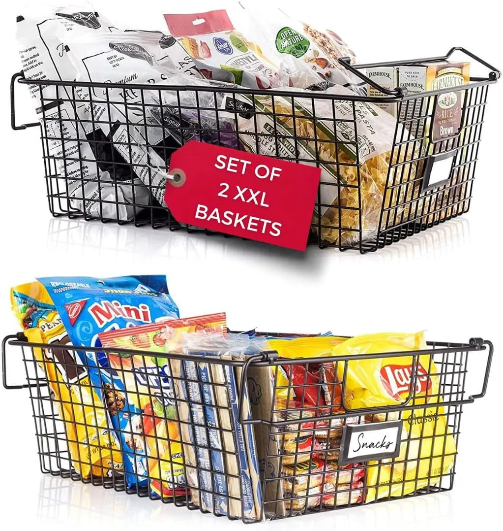 XXL Stackable Wire Baskets for Organizing — Set of 2 Snack & Chips Organizer for Pantry; Wire Storage Baskets with Handles; Extra Large Bronze Chip Storage for Pantry