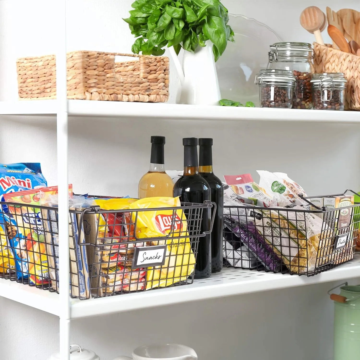 XXL Stackable Wire Baskets for Organizing — Set of 2 Snack & Chips Organizer for Pantry; Wire Storage Baskets with Handles; Extra Large Bronze Chip Storage for Pantry