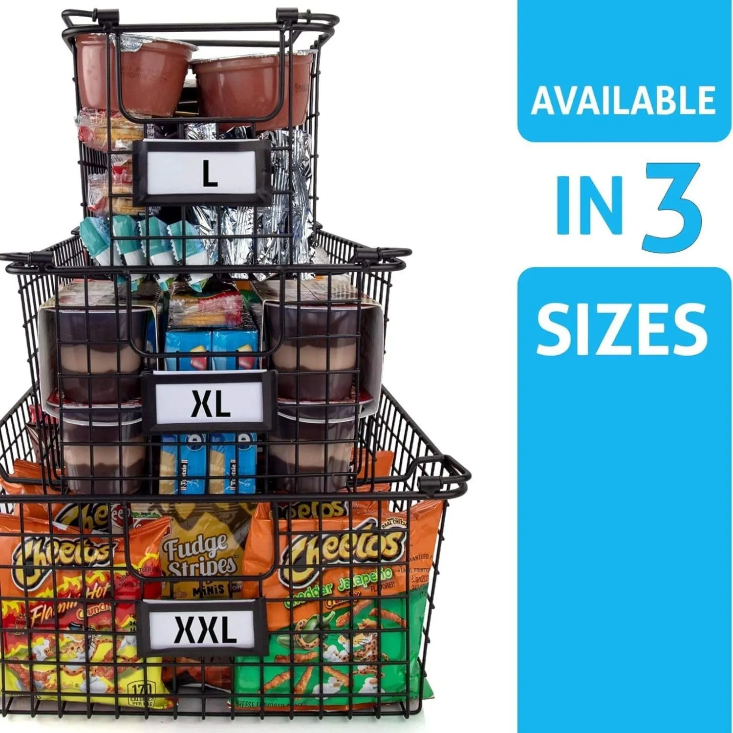 XXL Stackable Wire Baskets for Organizing — Set of 2 Snack & Chips Organizer for Pantry; Wire Storage Baskets with Handles; Extra Large Bronze Chip Storage for Pantry