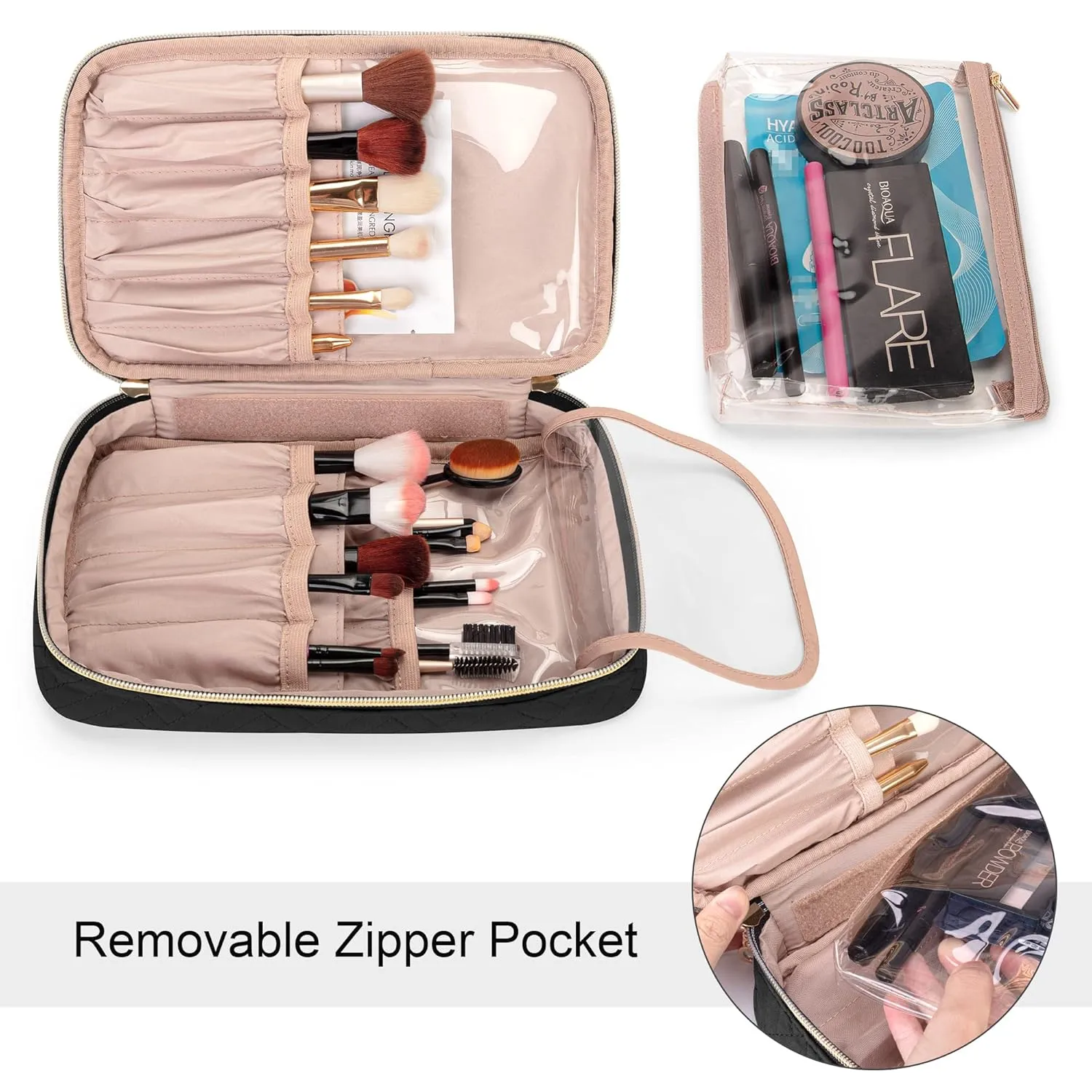 Yarwo Travel Makeup Brushes Bag, Portable Cosmetic Bag for Makeup Brushes (up to 9.4") and Cosmetic Essentials, Black (BAG ONLY, PATENTED DESIGN)
