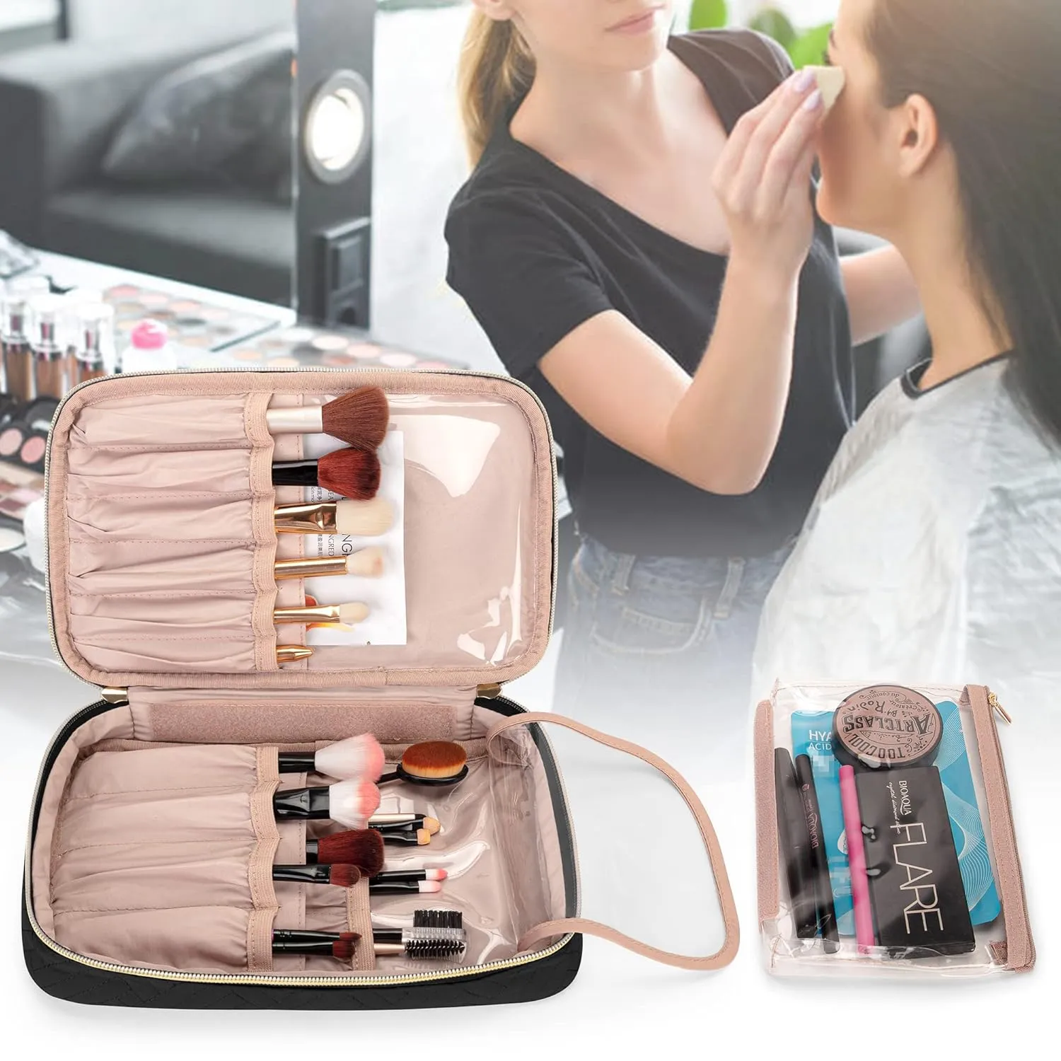Yarwo Travel Makeup Brushes Bag, Portable Cosmetic Bag for Makeup Brushes (up to 9.4") and Cosmetic Essentials, Black (BAG ONLY, PATENTED DESIGN)