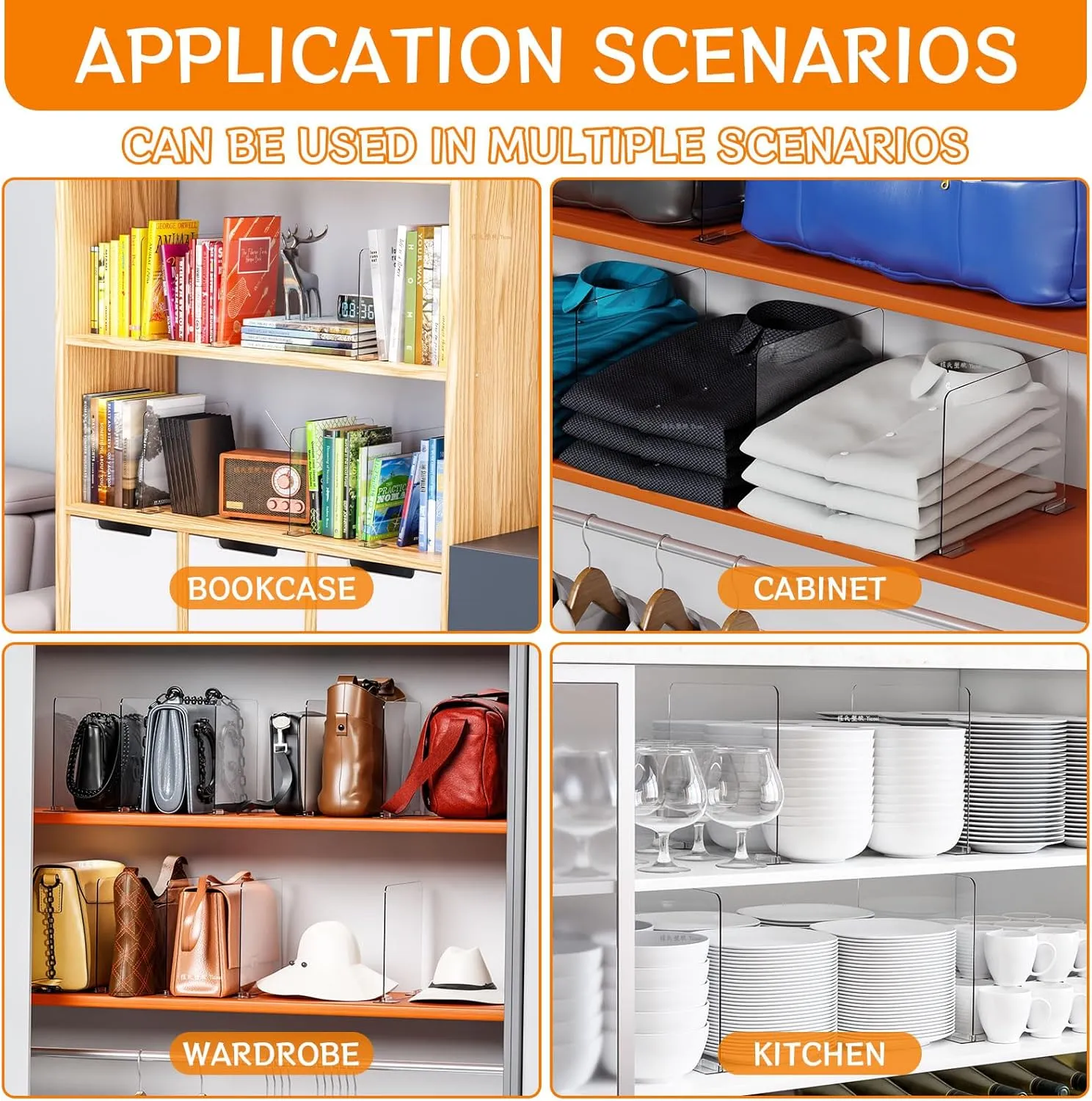 Yieach Clear Shelf Dividers for Closet Organization - Command Strips Installation Suitable for All Wood Shelves - 8 Pack Shelf Separators in Closet,Shelf Organizer for Bedroom,Jean,Tshirt,Bookshelf