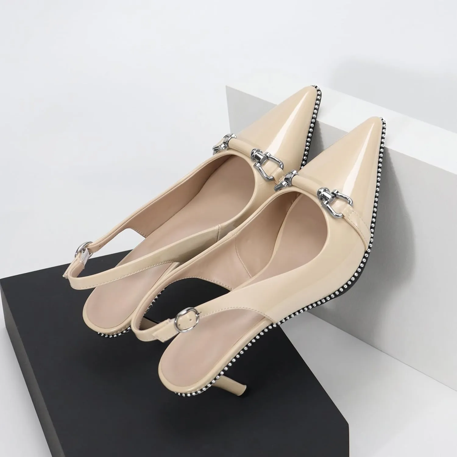 YODEKS Slingback Kitten Heels Women's Pointed Toe Low Heel Pumps 2.5 Inch Beaded Metal Buckle Shoes US Size 5-13