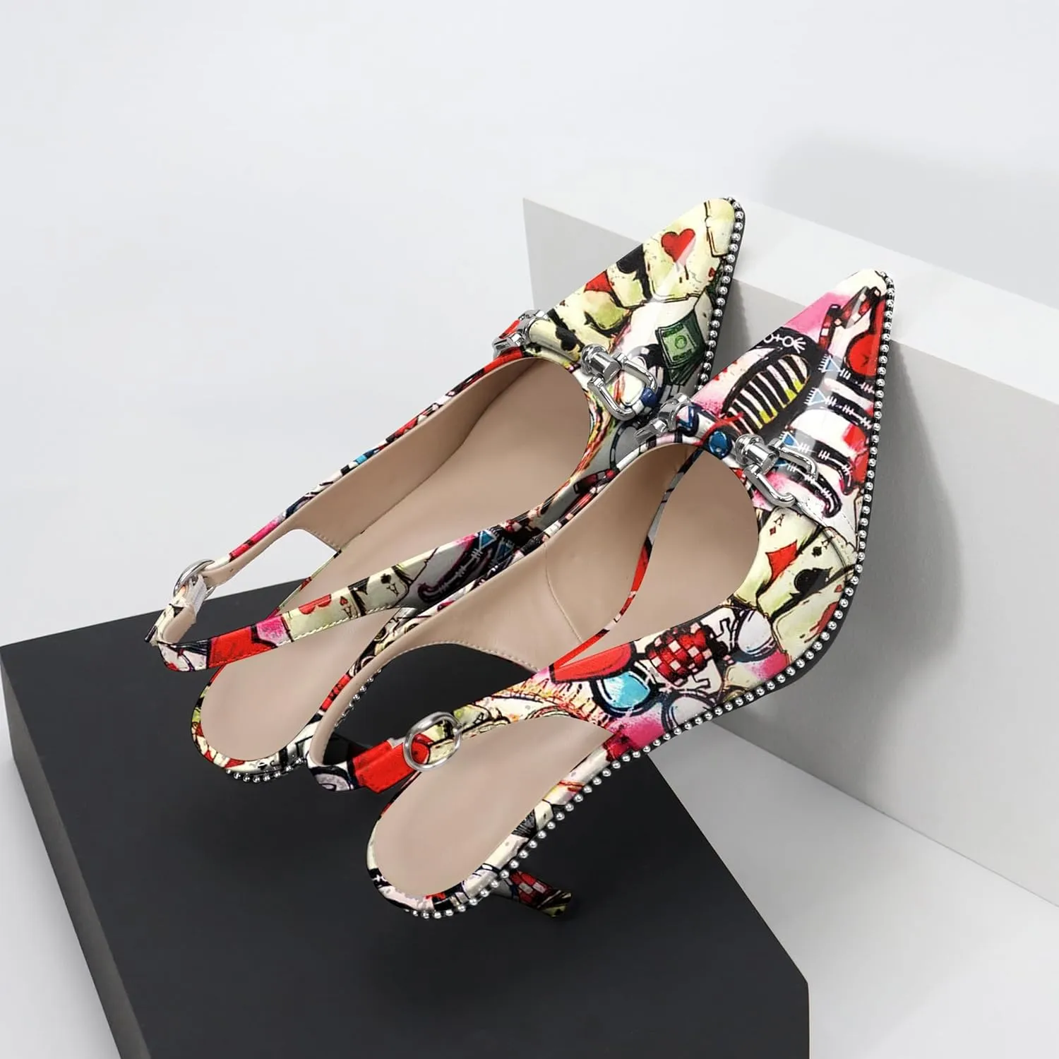 YODEKS Slingback Kitten Heels Women's Pointed Toe Low Heel Pumps 2.5 Inch Beaded Metal Buckle Shoes US Size 5-13