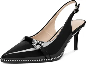 YODEKS Slingback Kitten Heels Women's Pointed Toe Low Heel Pumps 2.5 Inch Beaded Metal Buckle Shoes US Size 5-13