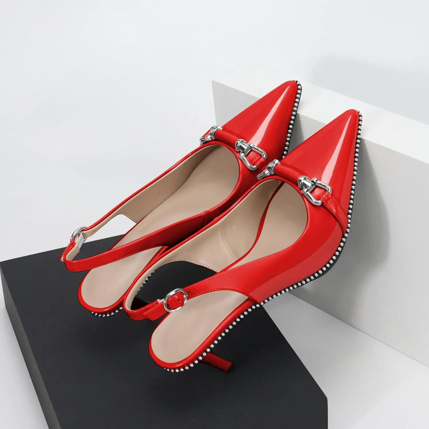 YODEKS Slingback Kitten Heels Women's Pointed Toe Low Heel Pumps 2.5 Inch Beaded Metal Buckle Shoes US Size 5-13