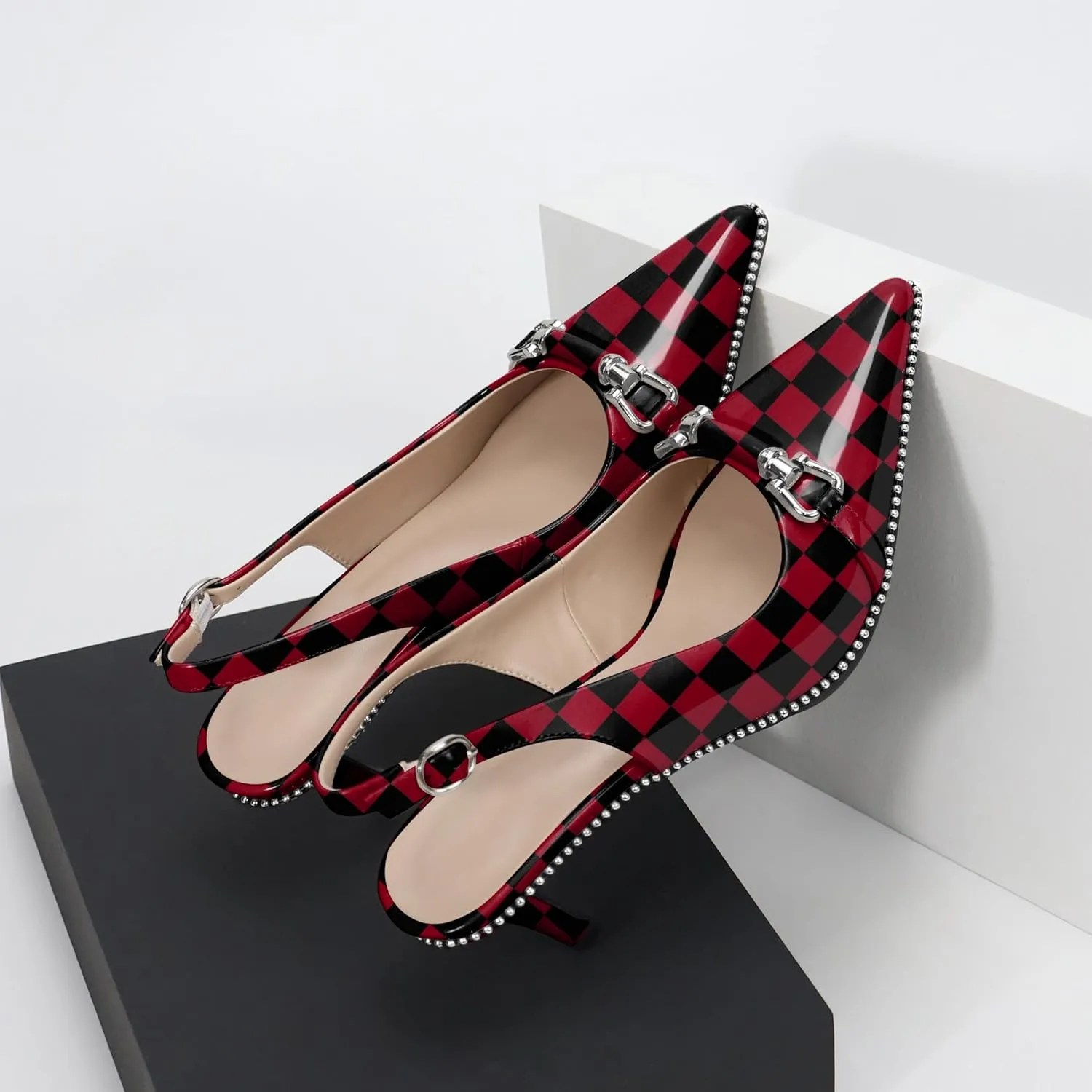 YODEKS Slingback Kitten Heels Women's Pointed Toe Low Heel Pumps 2.5 Inch Beaded Metal Buckle Shoes US Size 5-13