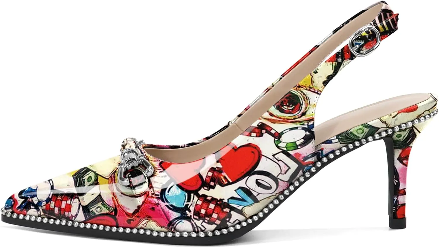 YODEKS Slingback Kitten Heels Women's Pointed Toe Low Heel Pumps 2.5 Inch Beaded Metal Buckle Shoes US Size 5-13
