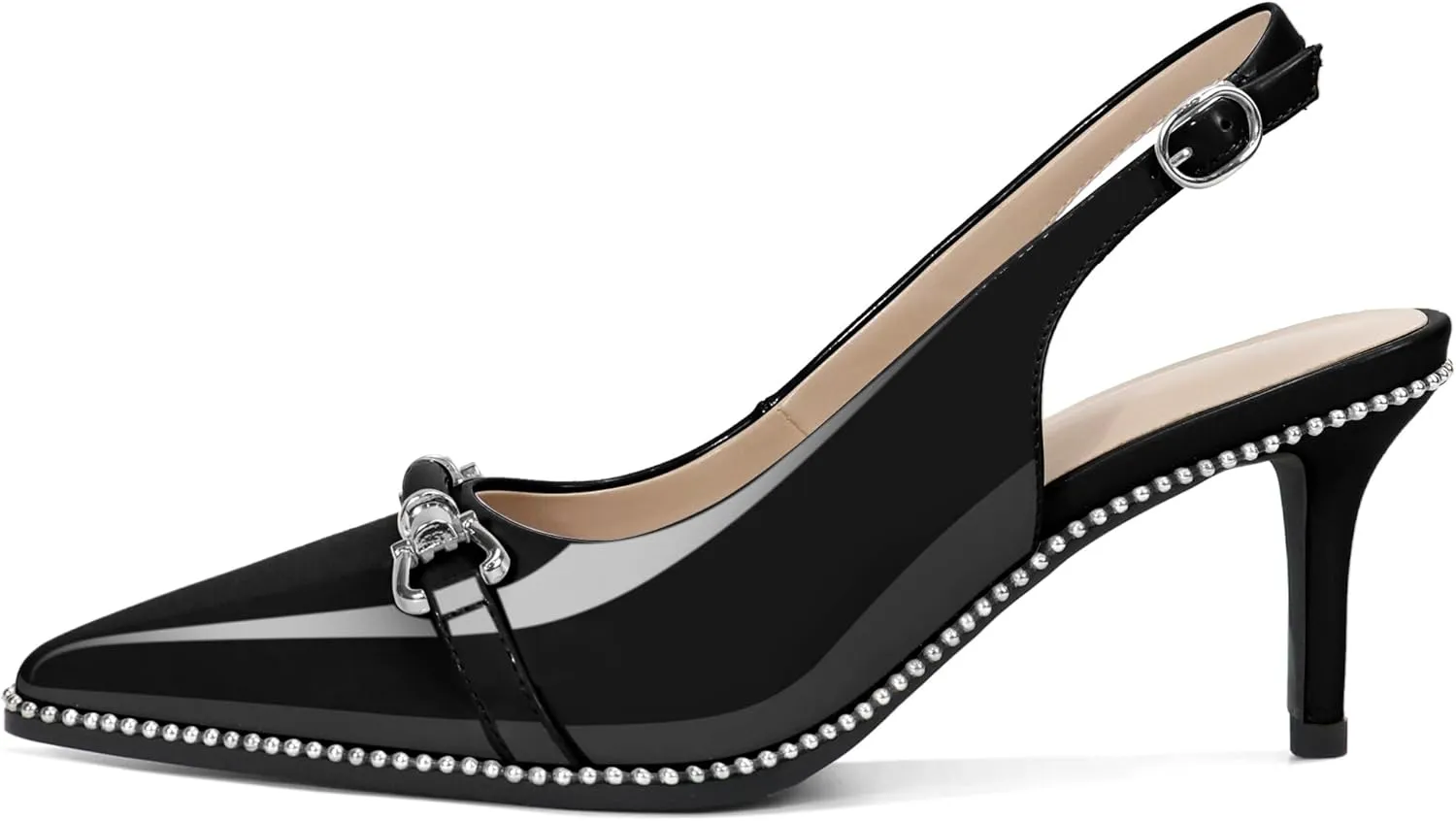 YODEKS Slingback Kitten Heels Women's Pointed Toe Low Heel Pumps 2.5 Inch Beaded Metal Buckle Shoes US Size 5-13