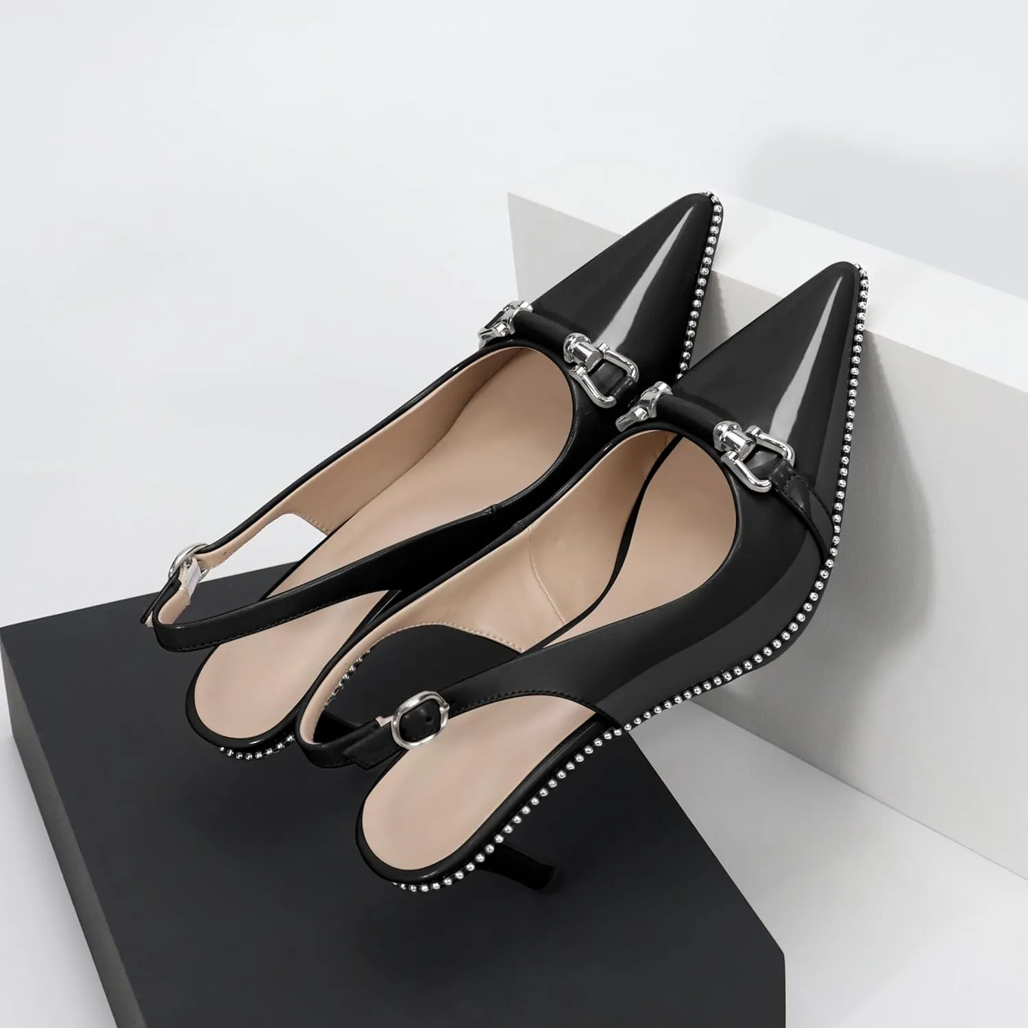 YODEKS Slingback Kitten Heels Women's Pointed Toe Low Heel Pumps 2.5 Inch Beaded Metal Buckle Shoes US Size 5-13