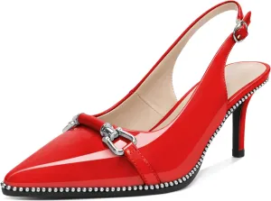 YODEKS Slingback Kitten Heels Women's Pointed Toe Low Heel Pumps 2.5 Inch Beaded Metal Buckle Shoes US Size 5-13
