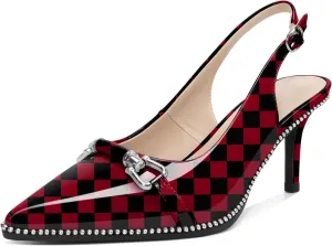 YODEKS Slingback Kitten Heels Women's Pointed Toe Low Heel Pumps 2.5 Inch Beaded Metal Buckle Shoes US Size 5-13