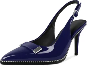 YODEKS Womens Slingback Heels Pointed Toe Beaded High Heel Pumps 3.5 Inch Metal Buckle Shoes US Size 5-13