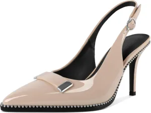 YODEKS Womens Slingback Heels Pointed Toe Beaded High Heel Pumps 3.5 Inch Metal Buckle Shoes US Size 5-13