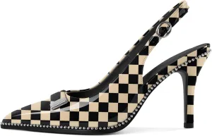 YODEKS Womens Slingback Heels Pointed Toe Beaded High Heel Pumps 3.5 Inch Metal Buckle Shoes US Size 5-13
