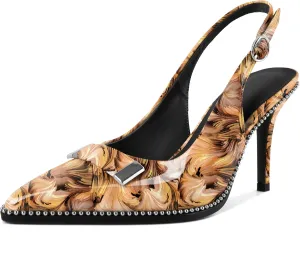 YODEKS Womens Slingback Heels Pointed Toe Beaded High Heel Pumps 3.5 Inch Metal Buckle Shoes US Size 5-13
