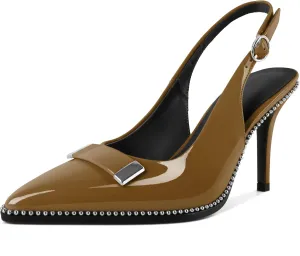 YODEKS Womens Slingback Heels Pointed Toe Beaded High Heel Pumps 3.5 Inch Metal Buckle Shoes US Size 5-13