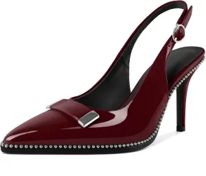 YODEKS Womens Slingback Heels Pointed Toe Beaded High Heel Pumps 3.5 Inch Metal Buckle Shoes US Size 5-13