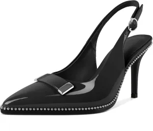 YODEKS Womens Slingback Heels Pointed Toe Beaded High Heel Pumps 3.5 Inch Metal Buckle Shoes US Size 5-13