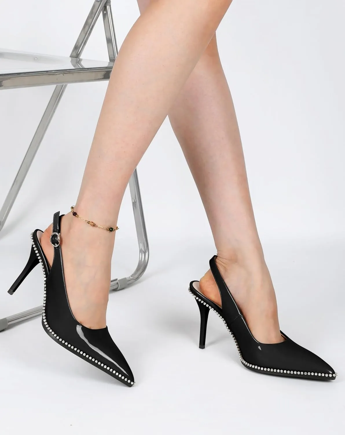 YODEKS Women's Slingback Heels Pointed Toe Stiletto High Heel Pumps 3.5 Inch Rhinestone Shoes Size 5-13