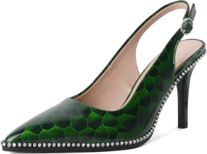 YODEKS Women's Slingback Heels Pointed Toe Stiletto High Heel Pumps 3.5 Inch Rhinestone Shoes Size 5-13