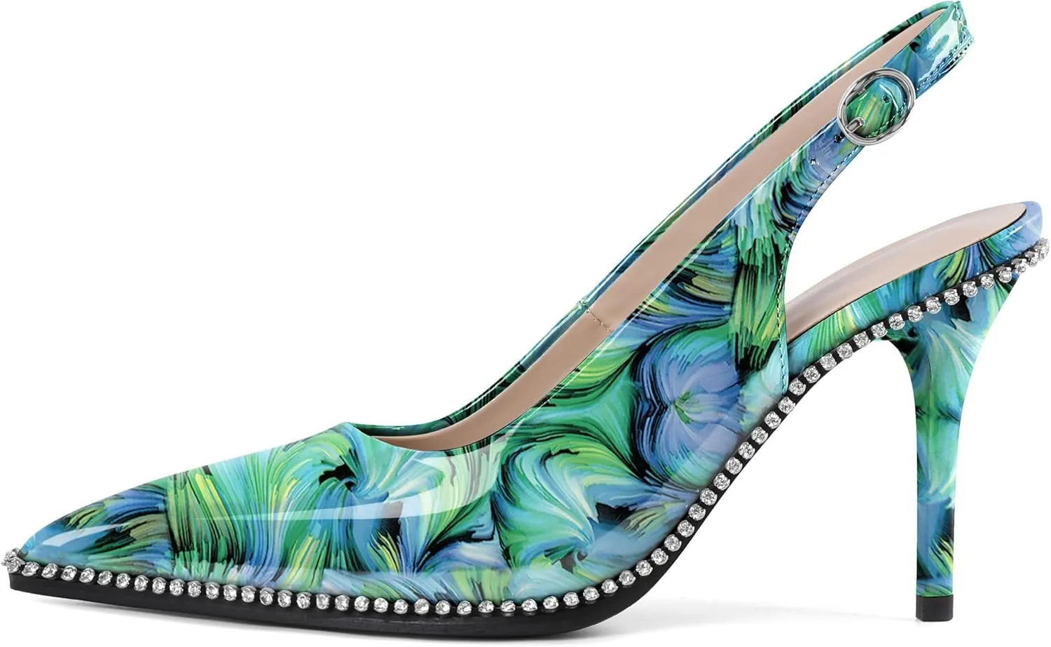 YODEKS Women's Slingback Heels Pointed Toe Stiletto High Heel Pumps 3.5 Inch Rhinestone Shoes Size 5-13
