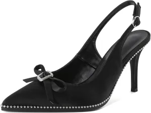 YODEKS Women's Slingback Heels Rhinestone Beaded Pointed Toe Stiletto High Heels Pumps 3.5 Inch Satin Shoes US US Size 5-13